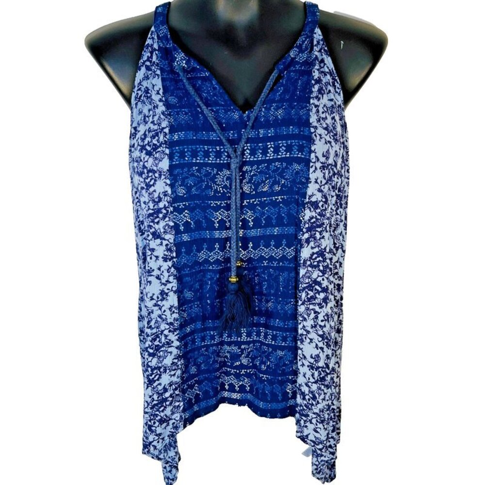 Knox Rose - Women's M Tank Top Blue Boho Tassel Neck Sharkbite Hem
